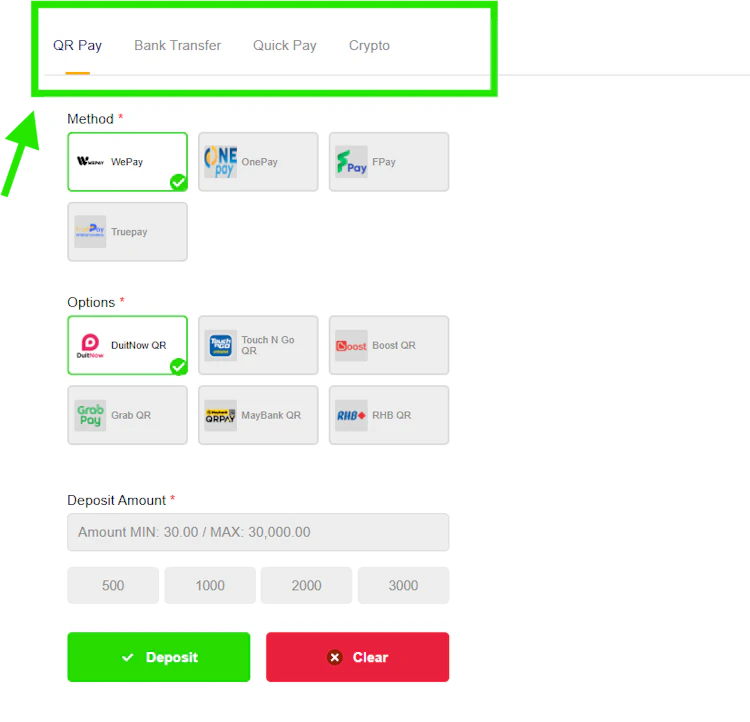 AW8 QR pay deposit options with DuitNow, Touch N Go, Boost and GrabPay