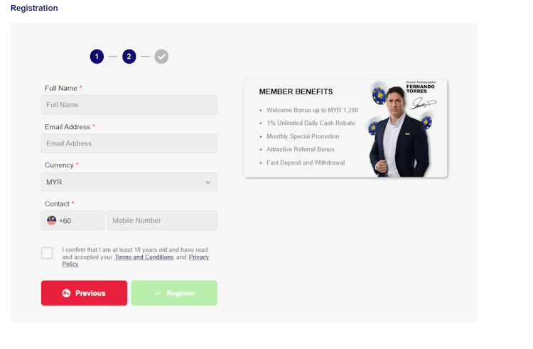 AW8 registration step two with name, email and Malaysian mobile number