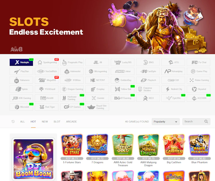 AW8 slot providers page with 44 studios and RTP shown on games