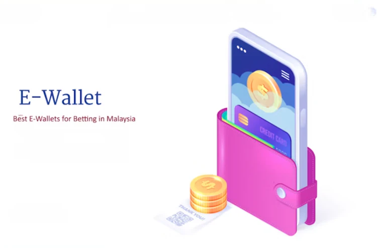 Smartphone inside a pink wallet with gold coins, a credit card, a QR code receipt, and text reading Best E-Wallets for Betting in Malaysia