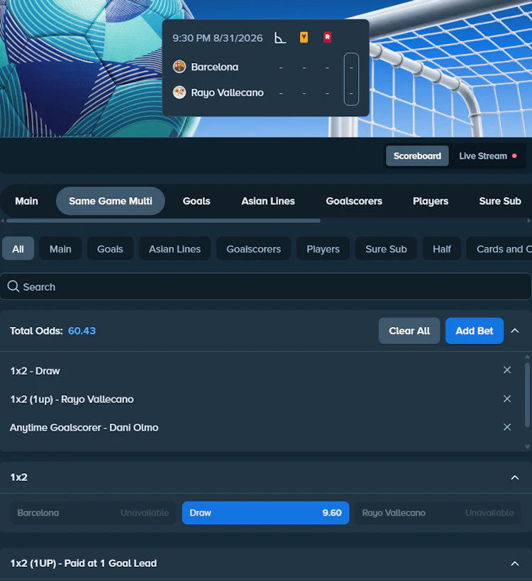 Stake BetBuilder called Same Game Multi with combined odds of 60.43