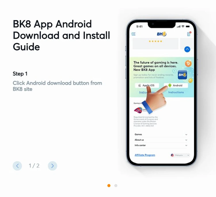 BK8 Android install guide step one, showing the Apple iOS and Android download buttons