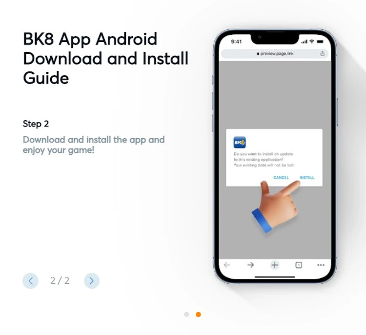 BK8 Android install guide step two, showing the Android install confirmation dialog
