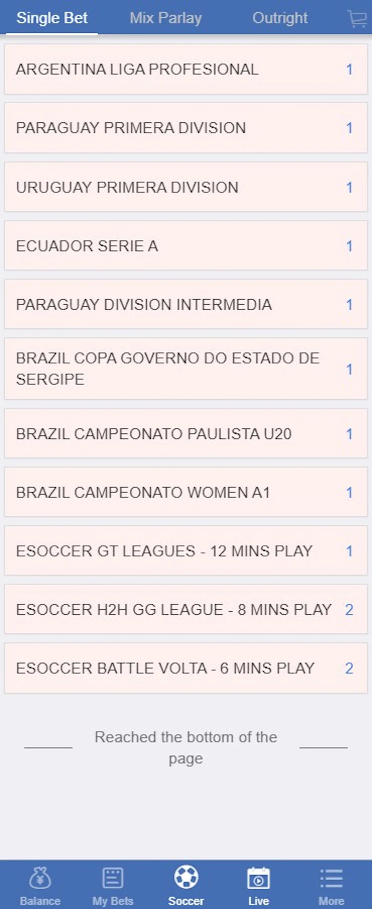 A third betting platform inside the BK8 app showing single bet, mix parlay and outright tabs