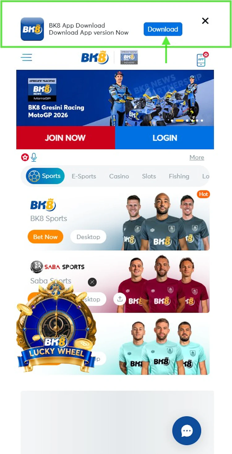 BK8 mobile site with the app download banner at the top of the page