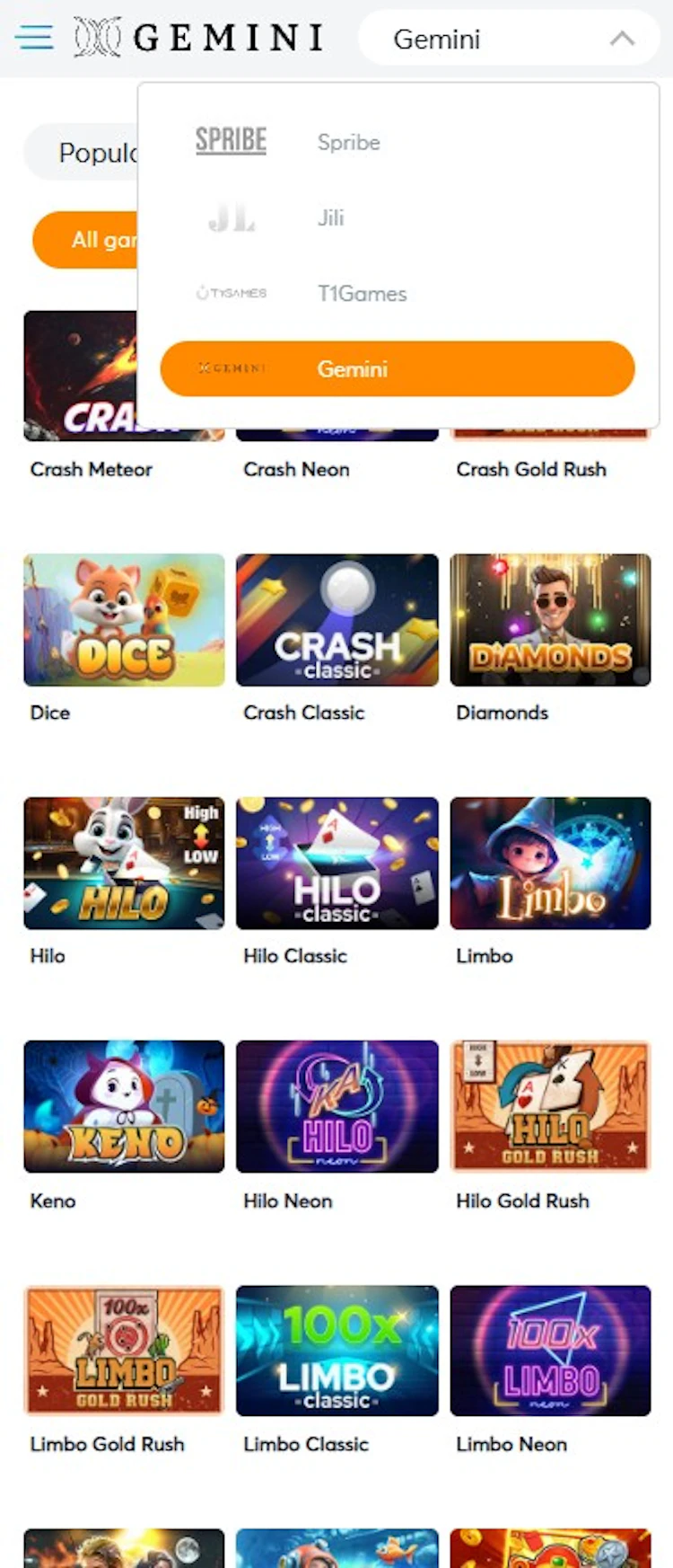 BK8 app fast games section showing crash, hilo and limbo titles from Gemini