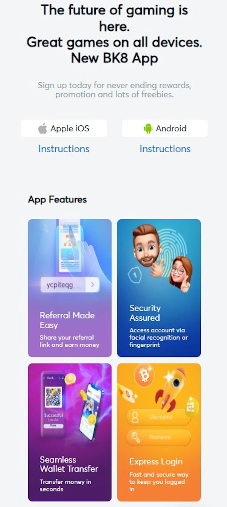 BK8's own app features page showing referral, biometric security, wallet transfer and express login