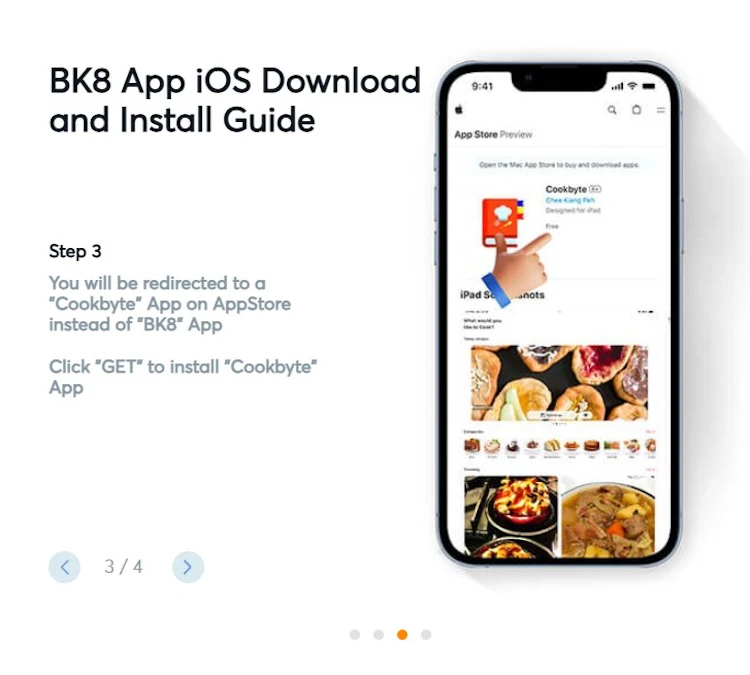 BK8 iOS install guide step three, showing the App Store listing named Cookbyte