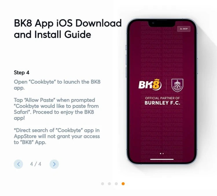 BK8 iOS install guide step four, showing the BK8 app launching with its Burnley FC partnership screen