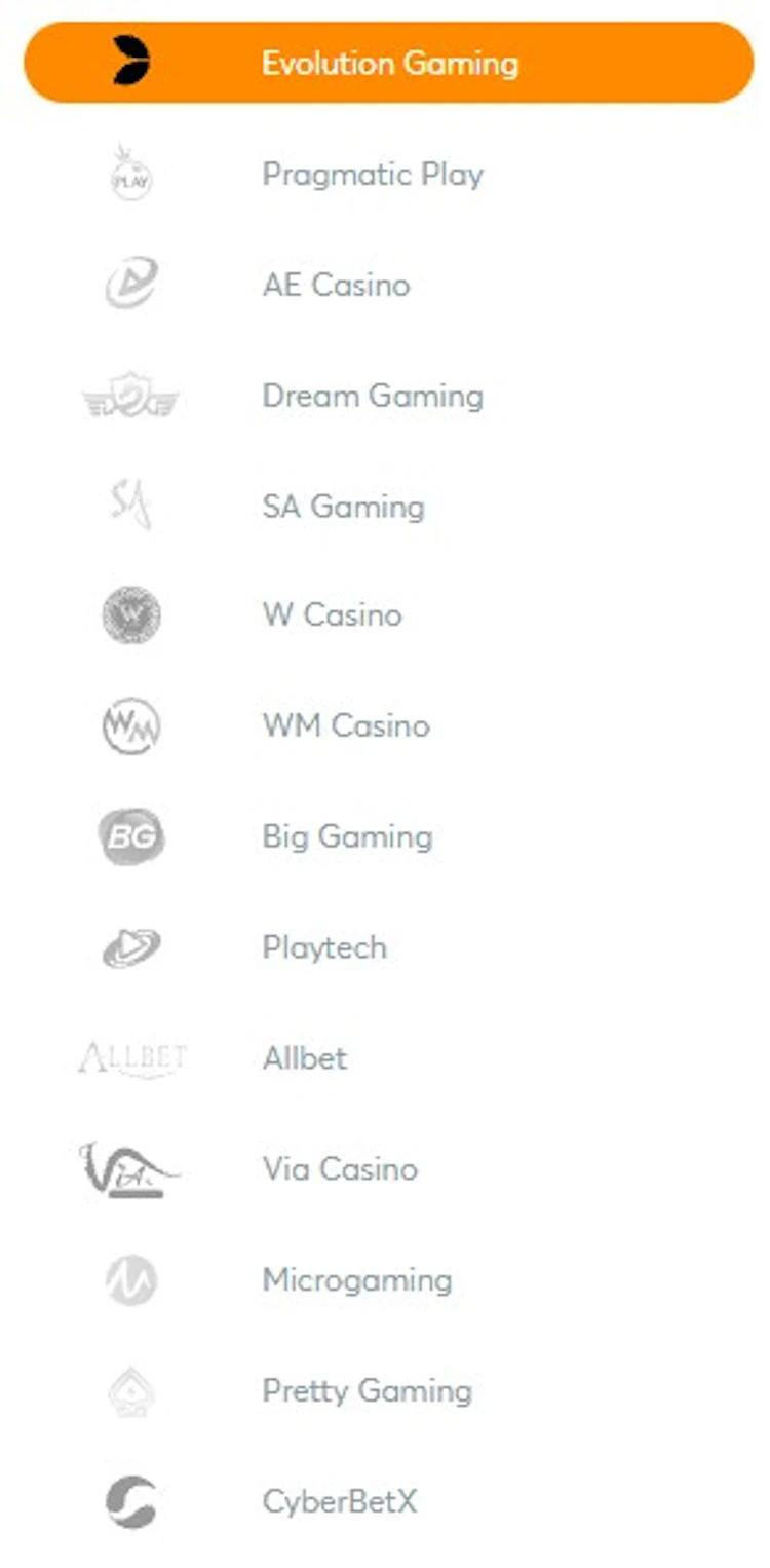 BK8 app live casino provider list showing Evolution, Pragmatic Play, Playtech and eleven others