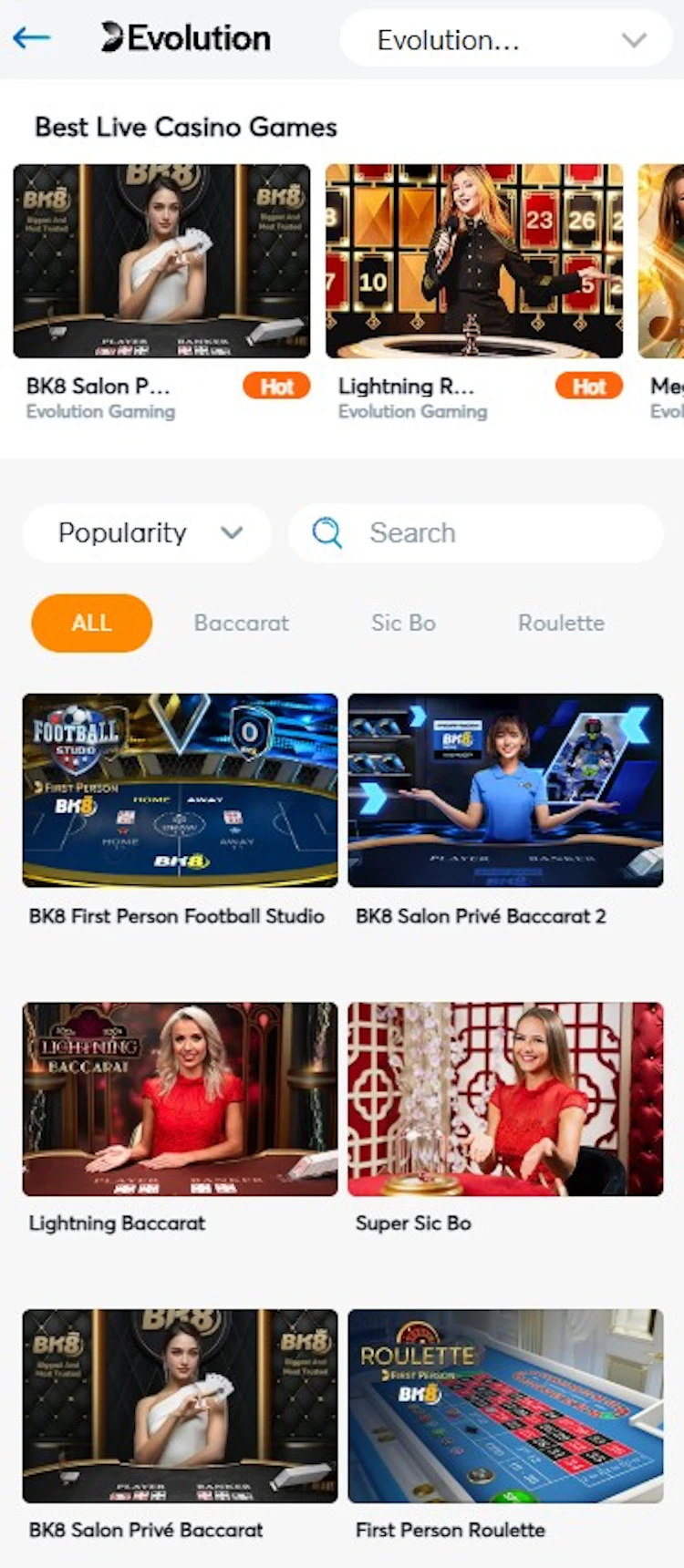 BK8 app live casino lobby showing BK8-branded Evolution tables