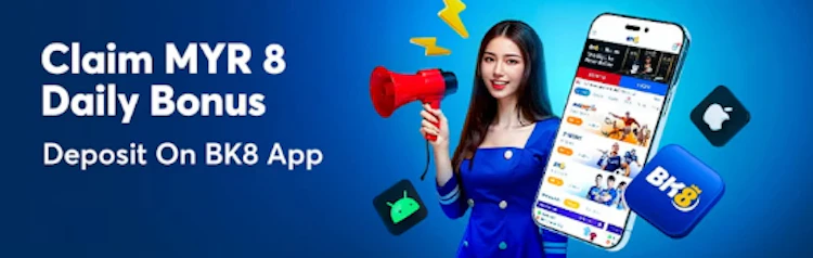 BK8 app RM 8 daily bonus banner for depositing through the mobile app