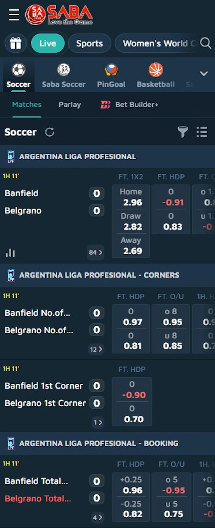 Saba Sports platform inside the BK8 app showing soccer, corners and booking markets