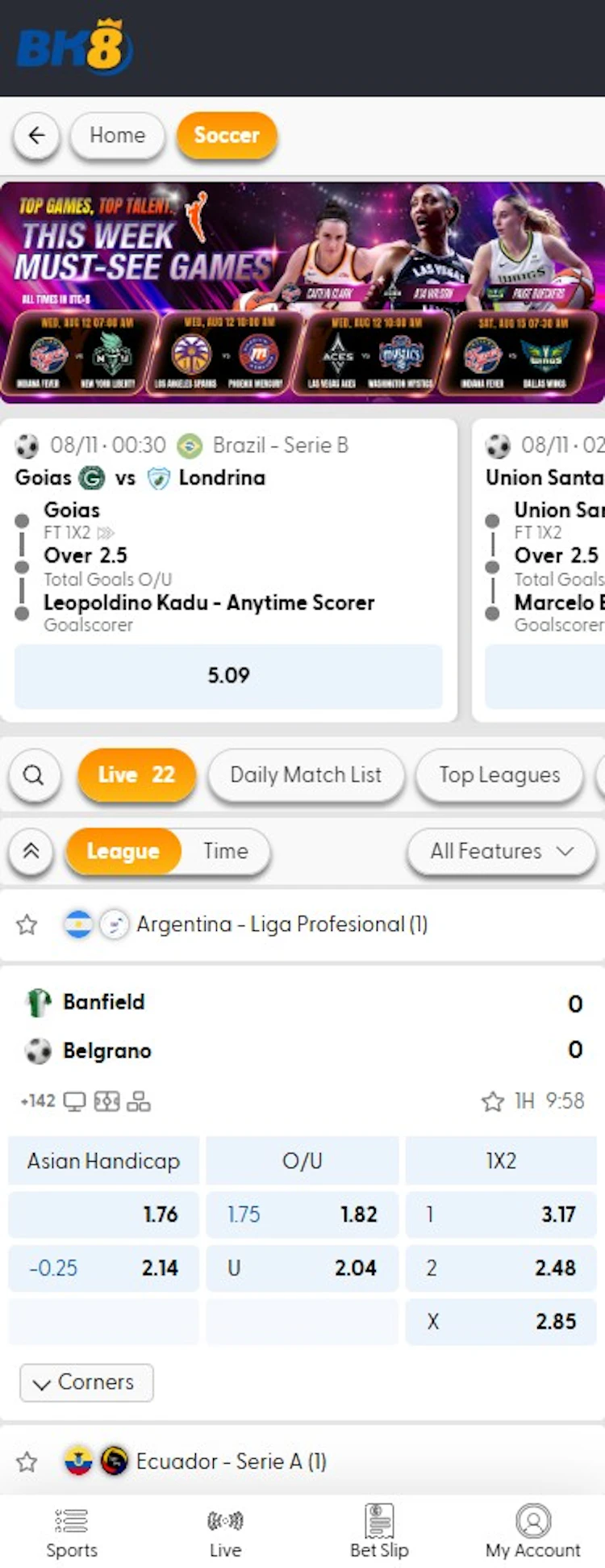 BK8's own sportsbook inside the app, showing live soccer with Asian handicap and 1X2 markets