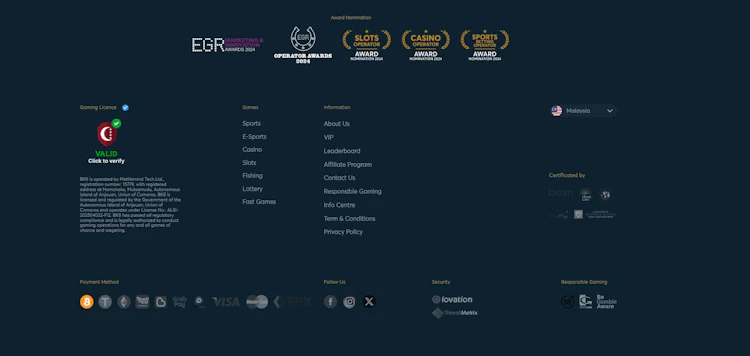 BK8 Malaysia site footer showing Anjouan gaming license details, payment methods and certifications