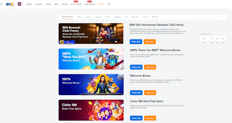 BK8 Malaysia promotions page showing new member welcome bonuses and category filters