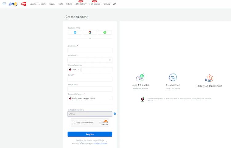 BK8 Malaysia create account form with Telegram, Google and WhatsApp signup options and RM selected