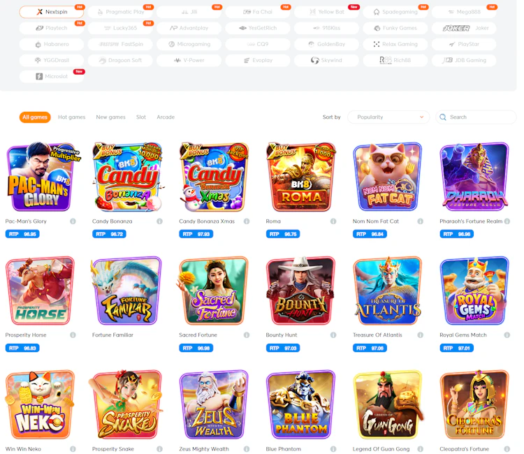 BK8 Malaysia slots lobby with game provider filter showing Nextspin, JILI, Spadegaming and 918Kiss, plus the RTP