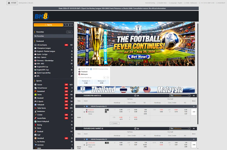 BK8 Malaysia sportsbook showing Thailand vs Malaysia ASEAN Championship odds in Malaysian format with 101 additional markets