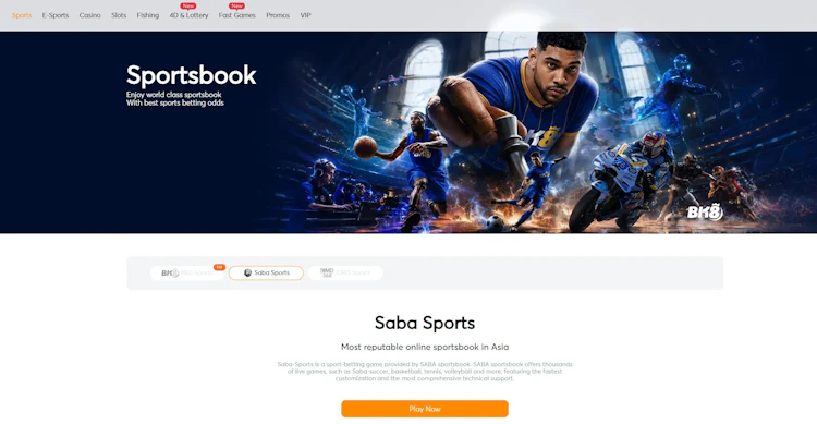 BK8 Malaysia sportsbook page with platform selector showing BK8 Sports, Saba Sports and CMD Sports