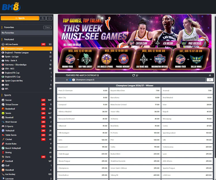 BK8 sportsbook showing 1,149 live soccer events and Champions League outright odds