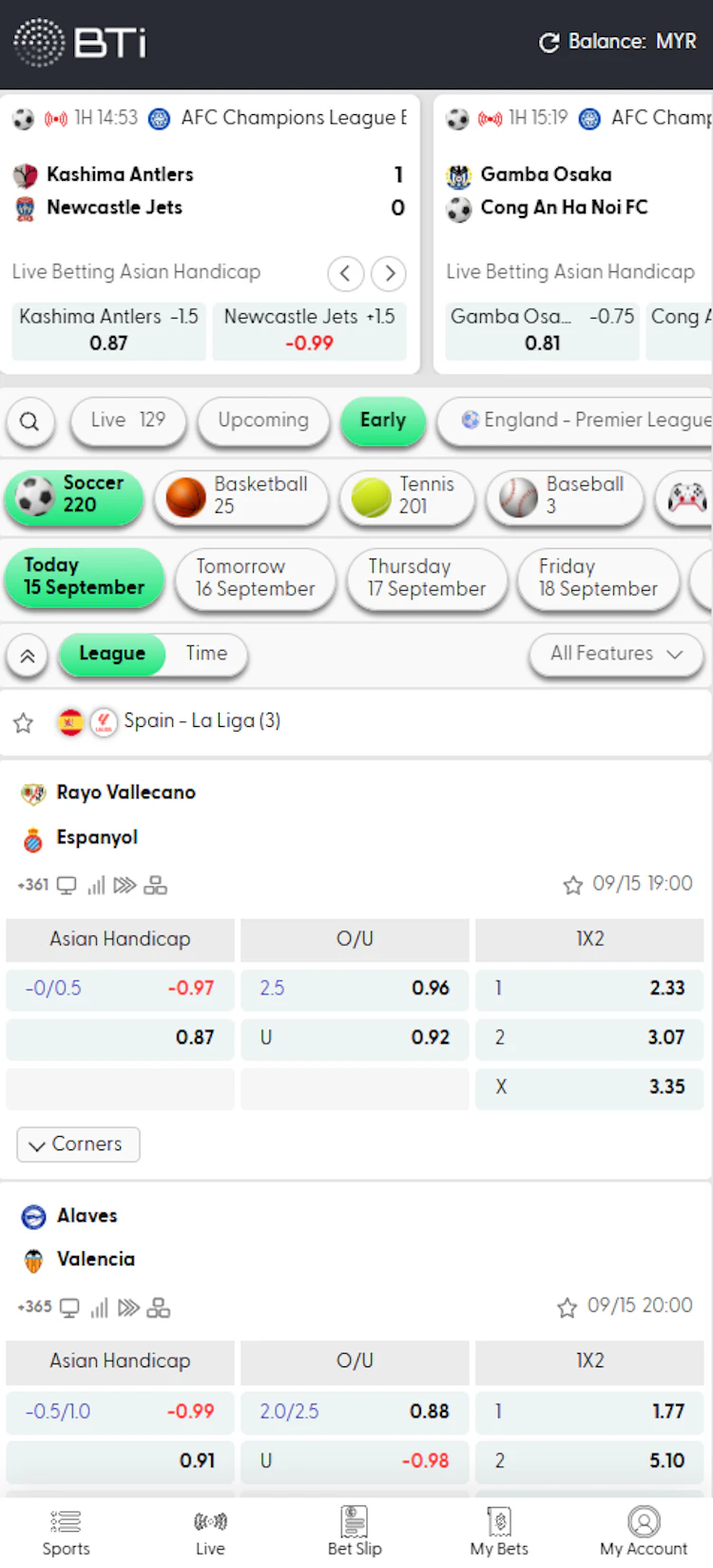 BTi sportsbook inside the AW8 app showing La Liga fixtures with Asian Handicap, over/under and 1X2 markets
