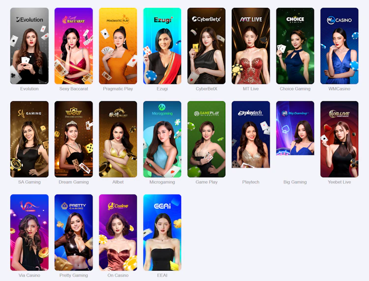 Live casino providers on AW8 including Evolution, Sexy Baccarat, Pragmatic Play, Ezugi, SA Gaming, Dream Gaming and Playtech