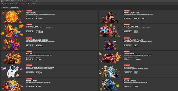 Casino tournaments page on Megapari listing Drops & Wins, Spinoleague and other prize pools