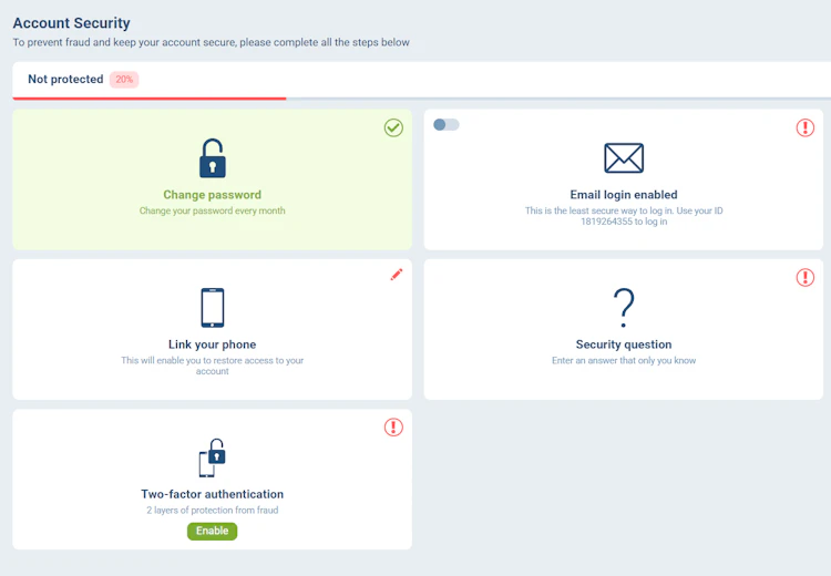 Account security page with a 20% Not protected score and options for password, phone link, security question and two-factor authentication