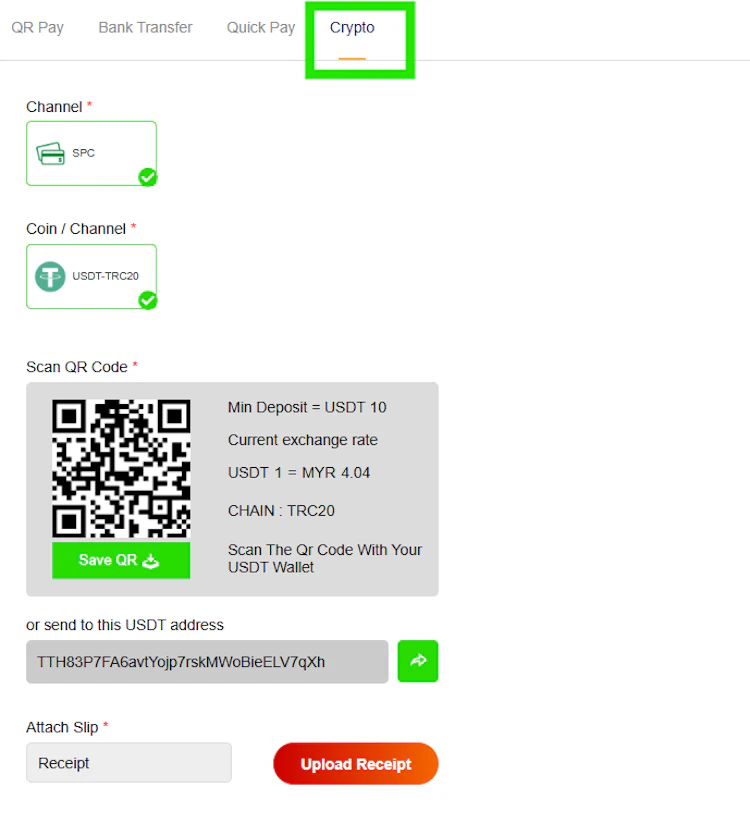 Crypto deposit screen showing USDT-TRC20, a minimum of 10 USDT and the current exchange rate