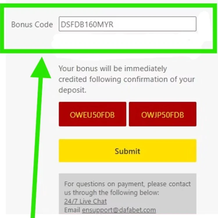 Dafabet bonus code activation field showing selectable promotion codes before deposit