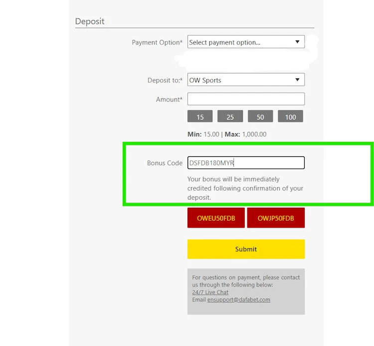 Dafabet cashier deposit form with the Bonus Code field showing DSFDB180MYR entered