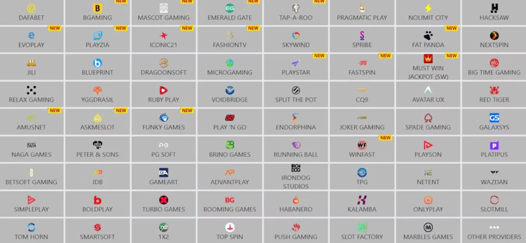 Dafabet casino game providers list showing developers like Pragmatic Play, Microgaming and NetEnt