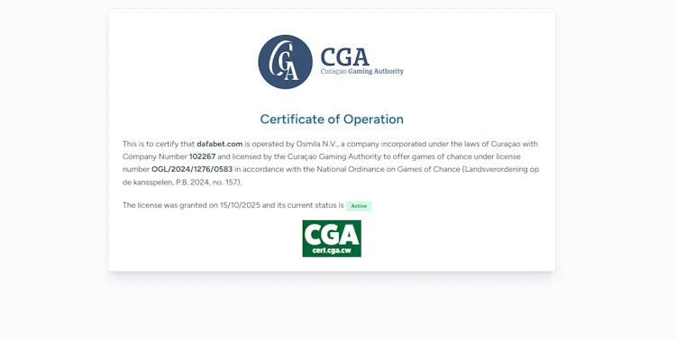Dafabet CGA Certificate of Operation showing license OGL/2024/1276/0583 with active status