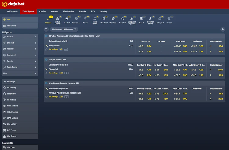 Dafa Sports live betting board showing cricket odds with total runs and match winner markets