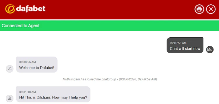 Dafabet live chat window showing a support agent responding within seconds of connecting