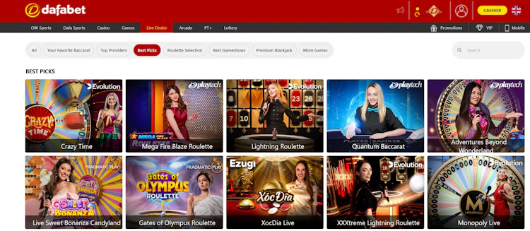 Dafabet Live Dealer lobby showing Crazy Time, Lightning Roulette and Monopoly Live from Evolution and Playtech