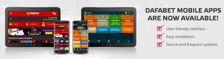 Dafabet mobile app screens on phone and tablet showing slots, live casino and poker games