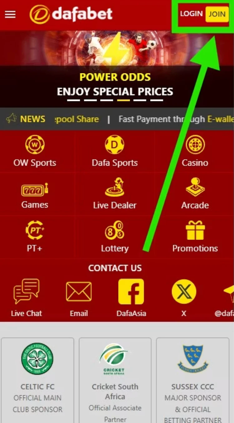 Dafabet mobile homepage with the Join registration button highlighted