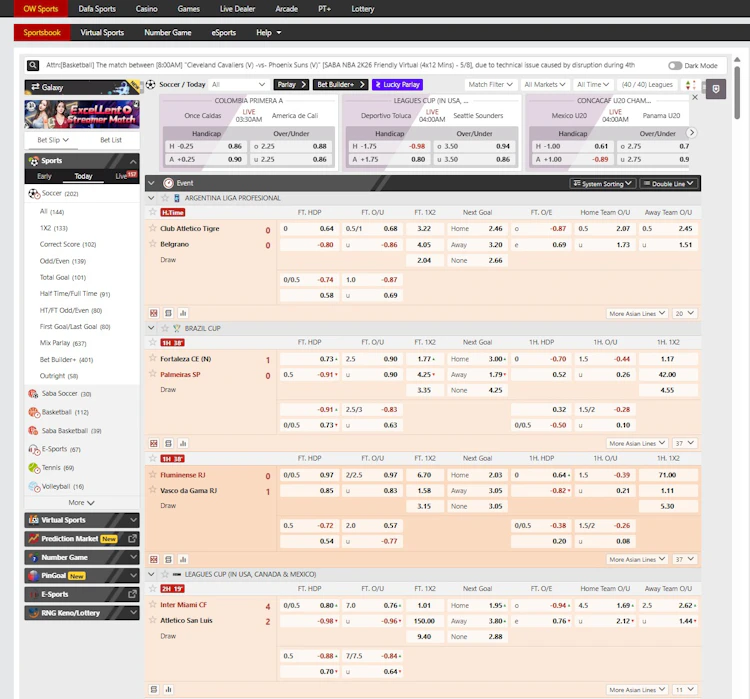 Dafabet OW Sports sportsbook showing live soccer odds with Asian handicap and over under markets