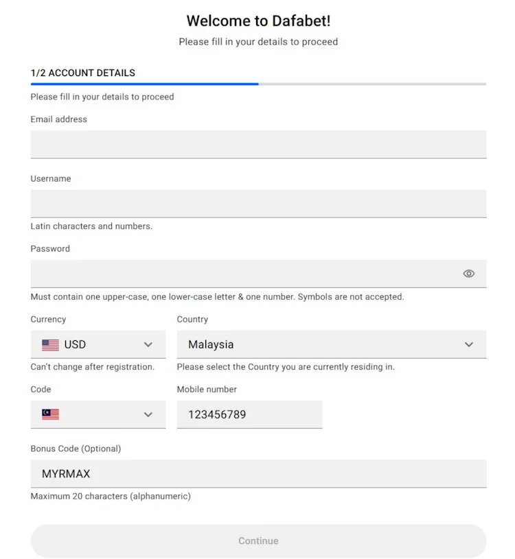 Dafabet registration form with MYRMAX bonus code entered in the optional field for Malaysian customers