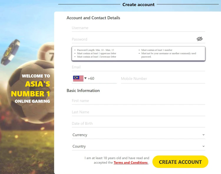 Dafabet create account form showing username, password, email, Malaysian phone prefix and currency selection