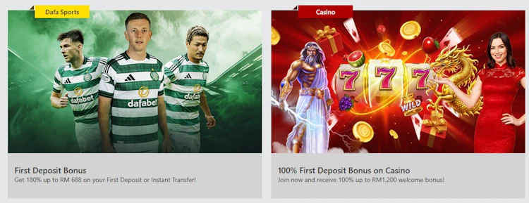 Dafabet welcome bonus banners showing 180% up to RM 688 on sports and 100% up to RM 1,200 on casino