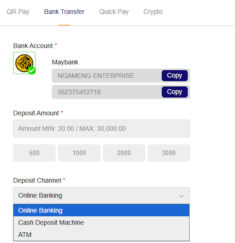 The bank transfer deposit screen lists Maybank, with a RM 20 minimum, and Online Banking, Cash Deposit Machine, and ATM channels