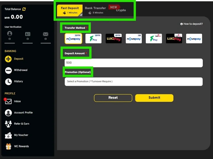 WE88 deposit page showing Fast Deposit at one minute, Bank Transfer at five minutes and a crypto tab marked new
