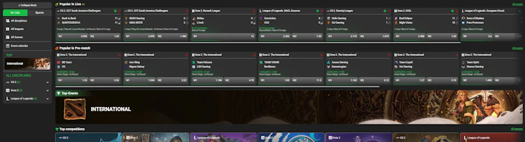 888starz esports lobby showing live and pre-match CS2, Dota 2 and League of Legends matches with odds