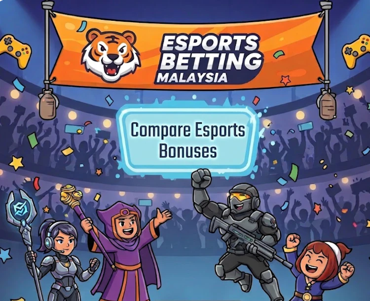 Esports Betting Malaysia banner with Compare Esports Bonuses text over a stadium crowd illustration