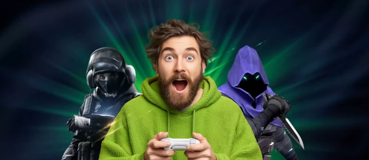 Excited gamer holding a controller with esports character illustrations in the background
