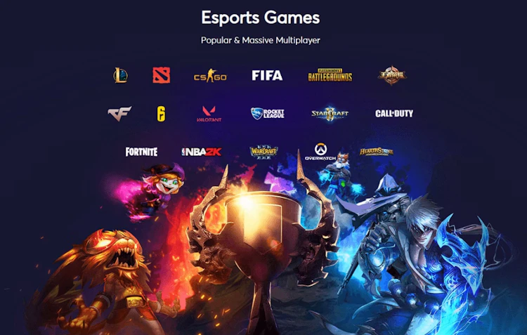 Esports Games banner showing logos of popular multiplayer games including League of Legends, Dota 2, CS2, FIFA, PUBG and Valorant