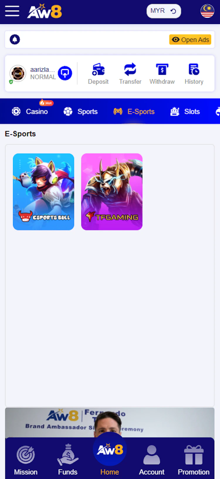 App esports lobby displays two betting platforms, Esports Bull and TFGaming